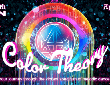 Promotional banner for 'Afterglow with Madeon: Color Theory' event on April 20th, 2025, featuring vibrant, colorful graphics centered around a stylized emblem, with details of a two-hour melodic dance music show from 8-10 PM Pacific.
