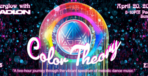 Promotional banner for 'Afterglow with Madeon: Color Theory' event on April 20th, 2025, featuring vibrant, colorful graphics centered around a stylized emblem, with details of a two-hour melodic dance music show from 8-10 PM Pacific.