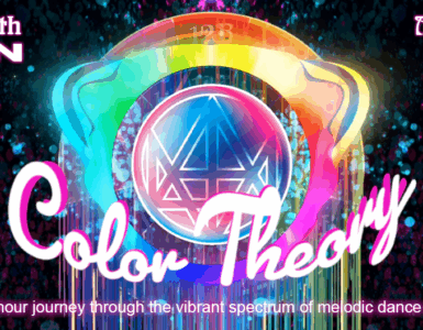 Promotional banner for 'Afterglow with Madeon: Color Theory' event on May 4, 2025, featuring vibrant, colorful graphics centered around a stylized emblem, with details of a two-hour melodic dance music show from 8-10 PM Pacific.