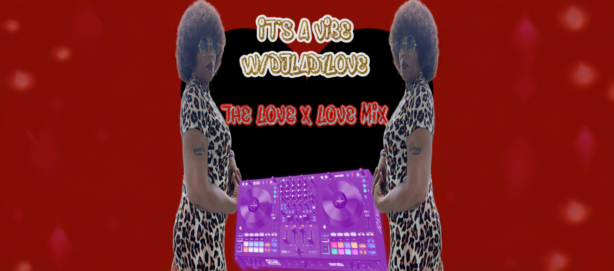 Promotional image featuring two mirror images of DJ Lady Love standing beside a DJ controller, with text 'It's a Vibe with Lady Love - The Love x Love Mix' overlayed on a red background.