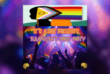 Promotional graphic for "It's A Vibe Presents Dance Party," with a colorful silhouetted crowd under a rainbow flag, and a large pride flag.