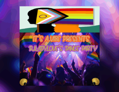 Promotional graphic for "It's A Vibe Presents Dance Party," with a colorful silhouetted crowd under a rainbow flag, and a large pride flag.