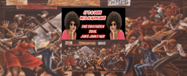 A promotional image featuring a person with a large afro and sunglasses, posing twice against a colorful mural backdrop depicting a lively dance scene at a juke joint. Text above reads, "It's a vibe love The Southern Soul Juke Joint Mix.