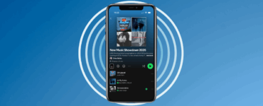 A smartphone displaying the Spotify app with a 'New Music Showdown 2025' playlist on the screen, against a blue background.