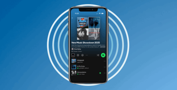 A smartphone displaying the Spotify app with a 'New Music Showdown 2025' playlist on the screen, against a blue background.