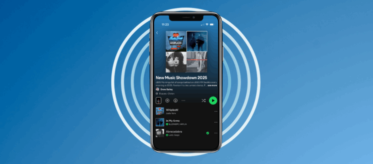 A smartphone displaying the Spotify app with a 'New Music Showdown 2025' playlist on the screen, against a blue background.