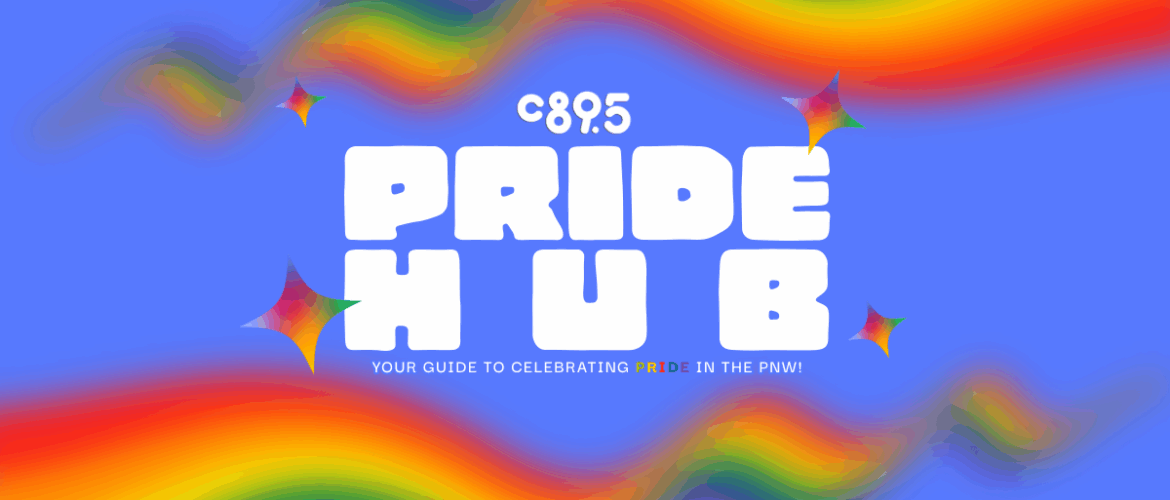 Colorful banner for C895 Pride Hub featuring rainbow swirls and star decorations, with the text 'Your guide to celebrating Pride in the PNW!'