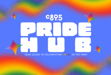 Colorful banner for C895 Pride Hub featuring rainbow swirls and star decorations, with the text 'Your guide to celebrating Pride in the PNW!'