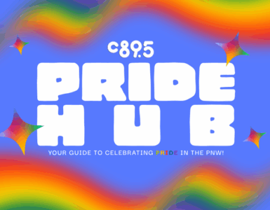 Colorful banner for C895 Pride Hub featuring rainbow swirls and star decorations, with the text 'Your guide to celebrating Pride in the PNW!'