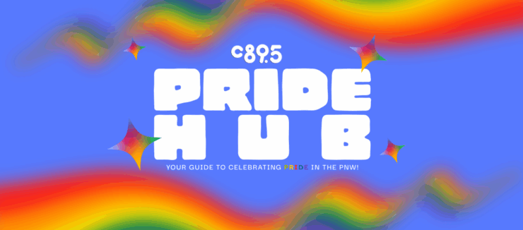 Colorful banner for C895 Pride Hub featuring rainbow swirls and star decorations, with the text 'Your guide to celebrating Pride in the PNW!'