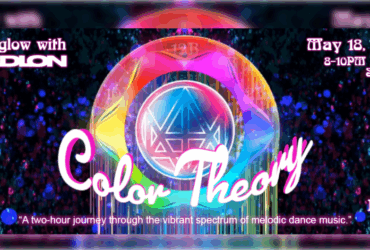 Promotional banner for "Afterglow with Madeon - Color Theory" event on May 18, 2025, featuring a vibrant, colorful graphic with a luminous emblem and details about the event time from 8-10 PM Pacific, Sunday, Episode 10, with a subtitle "A two-hour journey through the vibrant spectrum of melodic dance music.