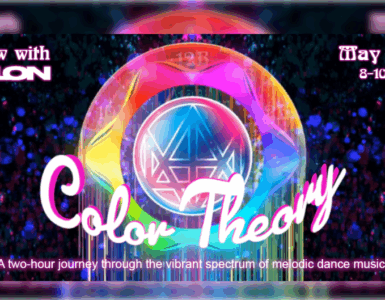Promotional banner for "Afterglow with Madeon - Color Theory" event on May 18, 2025, featuring a vibrant, colorful graphic with a luminous emblem and details about the event time from 8-10 PM Pacific, Sunday, Episode 10, with a subtitle "A two-hour journey through the vibrant spectrum of melodic dance music.