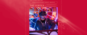 Promotional poster for 'The Vortex' underground dance music event, featuring a DJ at a mixing desk set against a backdrop of glowing circular patterns, held every Saturday from 9 PM to 12 AM. The event showcases various music genres including Deep House, Afro, Organic, Melodic, Progressive, Tribal, and Acid Electro, Bass & Minimal Techno.