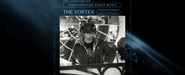 Promotional poster for 'The Vortex' underground dance music event at C895, featuring a DJ adjusting equipment behind a booth decorated with geometric patterns. Event details include genres like deep house, afro, organic, melodic, progressive, acid, electro, drum & bass, minimal techno, and tribal. Scheduled every Saturday from 9 PM to 12 AM.