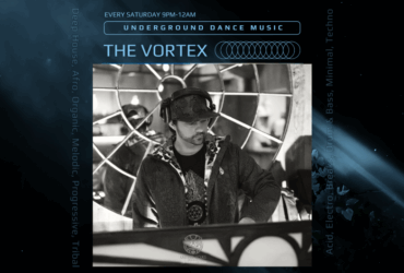Promotional poster for 'The Vortex' underground dance music event at C895, featuring a DJ adjusting equipment behind a booth decorated with geometric patterns. Event details include genres like deep house, afro, organic, melodic, progressive, acid, electro, drum & bass, minimal techno, and tribal. Scheduled every Saturday from 9 PM to 12 AM.