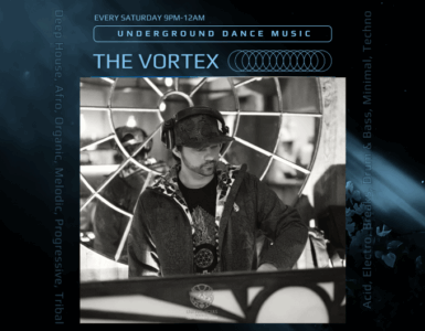 Promotional poster for 'The Vortex' underground dance music event at C895, featuring a DJ adjusting equipment behind a booth decorated with geometric patterns. Event details include genres like deep house, afro, organic, melodic, progressive, acid, electro, drum & bass, minimal techno, and tribal. Scheduled every Saturday from 9 PM to 12 AM.