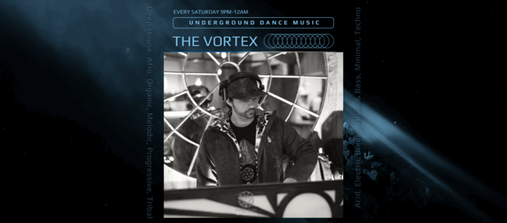 Promotional poster for 'The Vortex' underground dance music event at C895, featuring a DJ adjusting equipment behind a booth decorated with geometric patterns. Event details include genres like deep house, afro, organic, melodic, progressive, acid, electro, drum & bass, minimal techno, and tribal. Scheduled every Saturday from 9 PM to 12 AM.