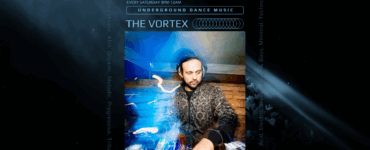 Promotional image for "The Vortex" underground dance music event, featuring a DJ at a mixing console with vibrant blue and white light effects swirling around. Event details included: every Saturday from 9 PM to 12 AM.