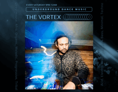 Promotional image for "The Vortex" underground dance music event, featuring a DJ at a mixing console with vibrant blue and white light effects swirling around. Event details included: every Saturday from 9 PM to 12 AM.