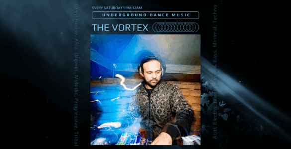 Promotional image for "The Vortex" underground dance music event, featuring a DJ at a mixing console with vibrant blue and white light effects swirling around. Event details included: every Saturday from 9 PM to 12 AM.