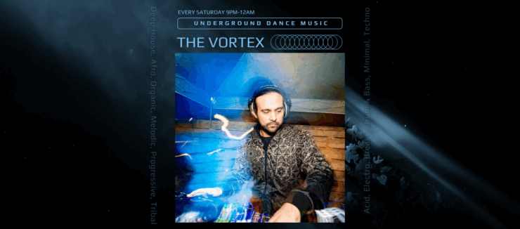 Promotional image for "The Vortex" underground dance music event, featuring a DJ at a mixing console with vibrant blue and white light effects swirling around. Event details included: every Saturday from 9 PM to 12 AM.
