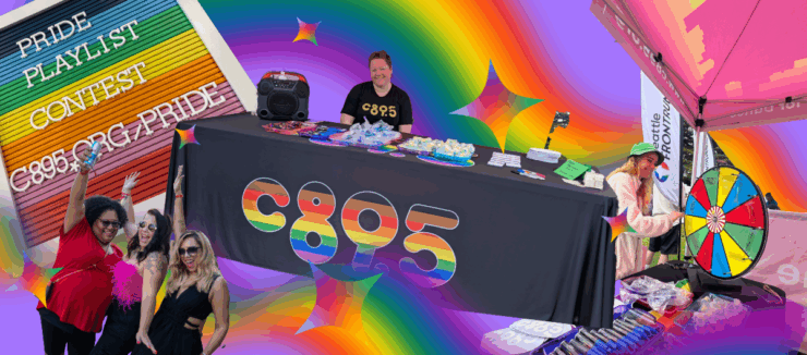 Promotional event for C895 at a Pride celebration, featuring a DJ booth, attendees spinning a prize wheel, and colorful decorations including rainbow motifs.