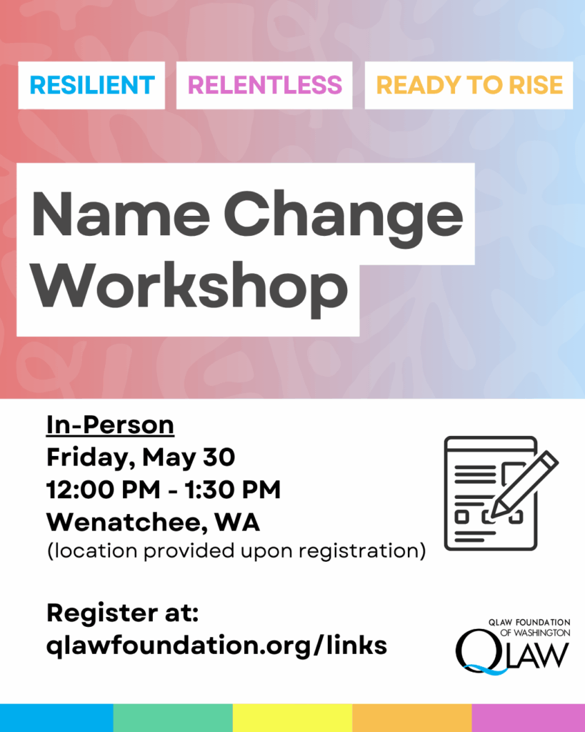 Promotional poster for a "Name Change Workshop" hosted by QLaw Foundation of Washington, scheduled for Friday, May 30 from 12:00 PM to 1:30 PM in Wenatchee, WA. Features phrases "Resilient," "Relentless," and "Ready to Rise" at the top, and includes a stylized image of a clipboard with a document. Visit qlawfoundation.org/links for more information.