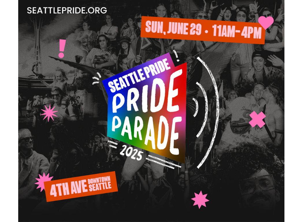 Promotional banner for the Seattle Pride Parade 2025, featuring a crowd celebrating, with event details including date, time, and location along 4th Ave Downtown Seattle. Logos of sponsors such as Alaska Airlines and media partners like C895 and KIRO 7 are displayed.