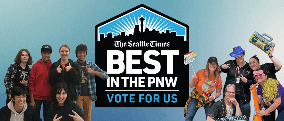 Group of people smiling and posing playfully with props, encouraging votes for 'The Seattle Times' as 'Best in the PNW'. Prominent blue logo in the center with text.