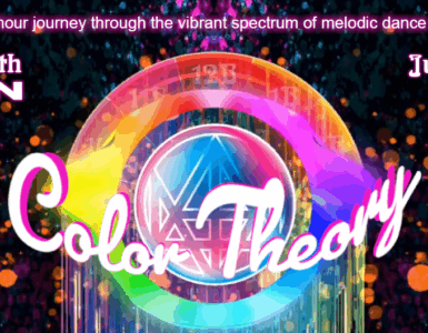 Promotional banner for "Afterglow with Madeon - Color Theory, EP 12" featuring vibrant, colorful graphics, scheduled for June 15, 2025, from 8-10PM Pacific on a Sunday.