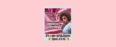 Promotional image featuring DJ Lady Love announcing the continuation of a 1-year anniversary celebration with text 'The Party Ain't Over My 1 Year Anniversary Celebration Continues, It's a Vibe w/DJ Lady Love, Friday at 8 PM' on a shiny pink background.