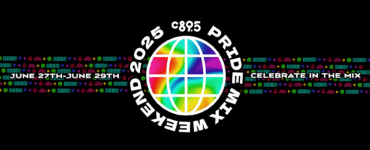 Logo for C895 Pride Event 2025, featuring colorful squares resembling a digital display, with event dates from June 27th to June 29th and the slogan 'Celebrate in the Mix' on a black background with neon accents.