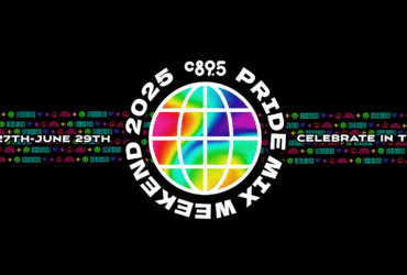 Logo for C895 Pride Event 2025, featuring colorful squares resembling a digital display, with event dates from June 27th to June 29th and the slogan 'Celebrate in the Mix' on a black background with neon accents.