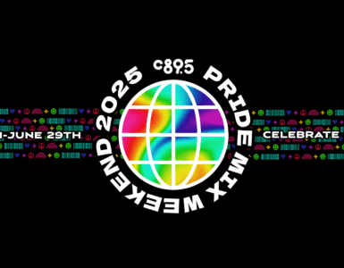 Logo for C895 Pride Event 2025, featuring colorful squares resembling a digital display, with event dates from June 27th to June 29th and the slogan 'Celebrate in the Mix' on a black background with neon accents.