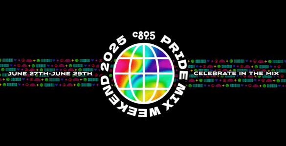 Logo for C895 Pride Event 2025, featuring colorful squares resembling a digital display, with event dates from June 27th to June 29th and the slogan 'Celebrate in the Mix' on a black background with neon accents.