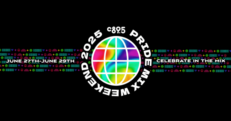 Logo for C895 Pride Event 2025, featuring colorful squares resembling a digital display, with event dates from June 27th to June 29th and the slogan 'Celebrate in the Mix' on a black background with neon accents.