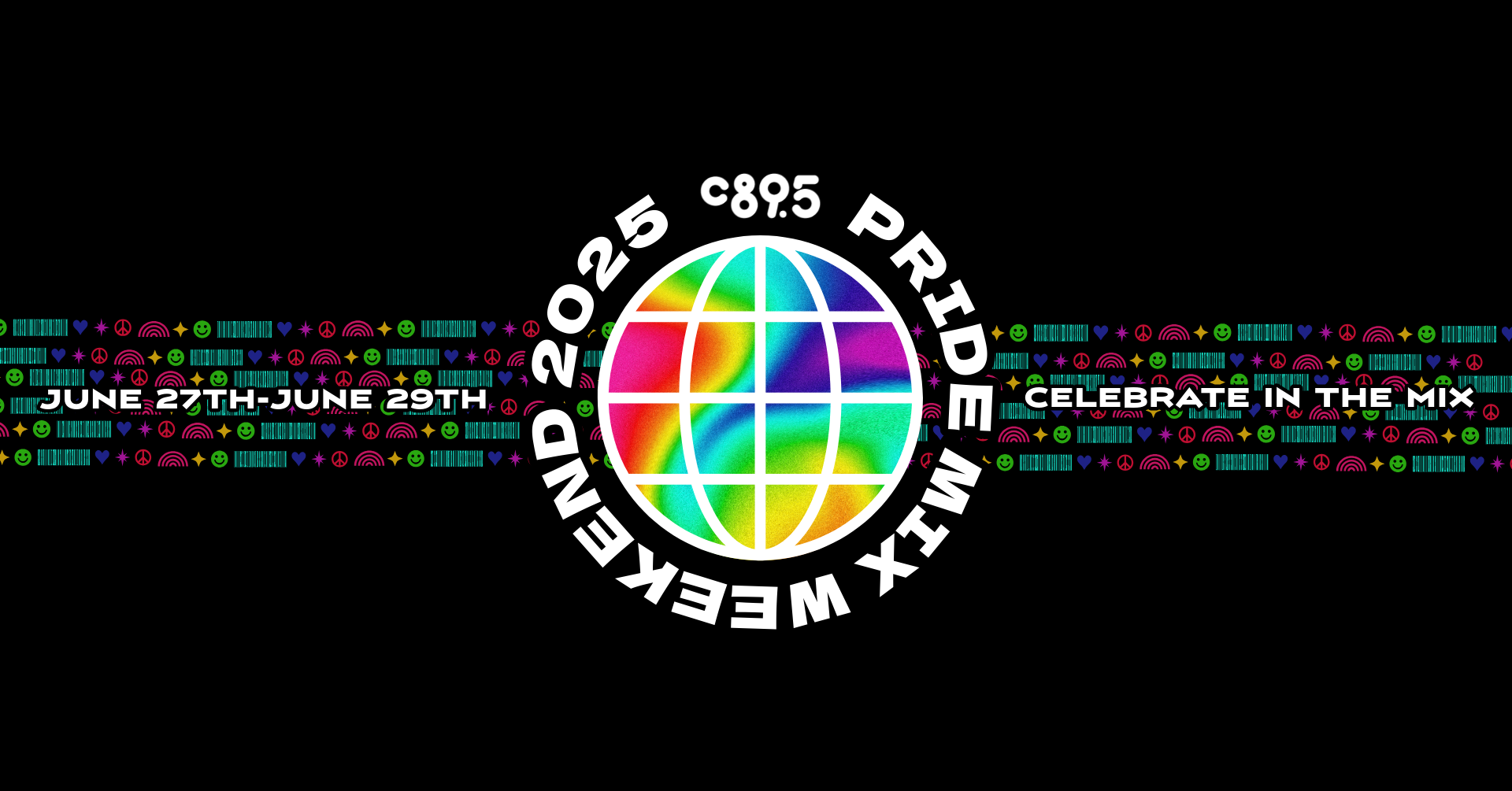 Logo for C895 Pride Event 2025, featuring colorful squares resembling a digital display, with event dates from June 27th to June 29th and the slogan 'Celebrate in the Mix' on a black background with neon accents.