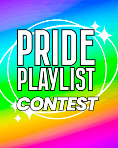 Logo for C895 Pride Playlist Contest, featuring vibrant rainbow background with white circular emblem and sparkles.