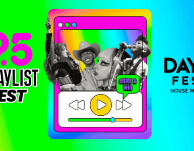 Colorful promotional banner for C89.5 Pride Playlist Contest featuring an image of people celebrating, with text details about entering to win a trip to the Day Trip Festival in Seattle.