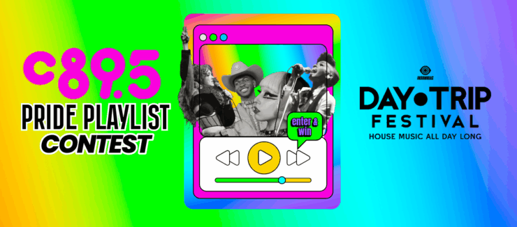 Colorful promotional banner for C89.5 Pride Playlist Contest featuring an image of people celebrating, with text details about entering to win a trip to the Day Trip Festival in Seattle.