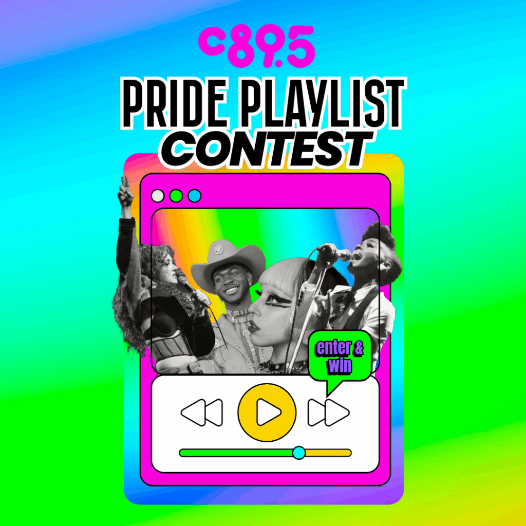 Colorful promotional banner for C89.5 Pride Playlist Contest featuring an image of people celebrating, with text details about entering to win a trip to the Day Trip Festival in Seattle.