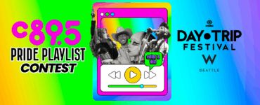 Colorful promotional banner for C89.5 Pride Playlist Contest featuring an image of people celebrating, with text details about entering to win a trip to the Day Trip Festival in Seattle.