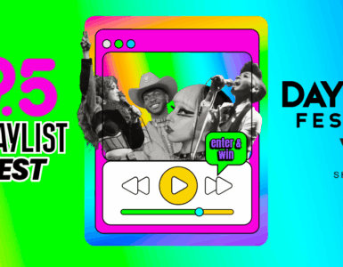 Colorful promotional banner for C89.5 Pride Playlist Contest featuring an image of people celebrating, with text details about entering to win a trip to the Day Trip Festival in Seattle.