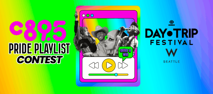 Colorful promotional banner for C89.5 Pride Playlist Contest featuring an image of people celebrating, with text details about entering to win a trip to the Day Trip Festival in Seattle.