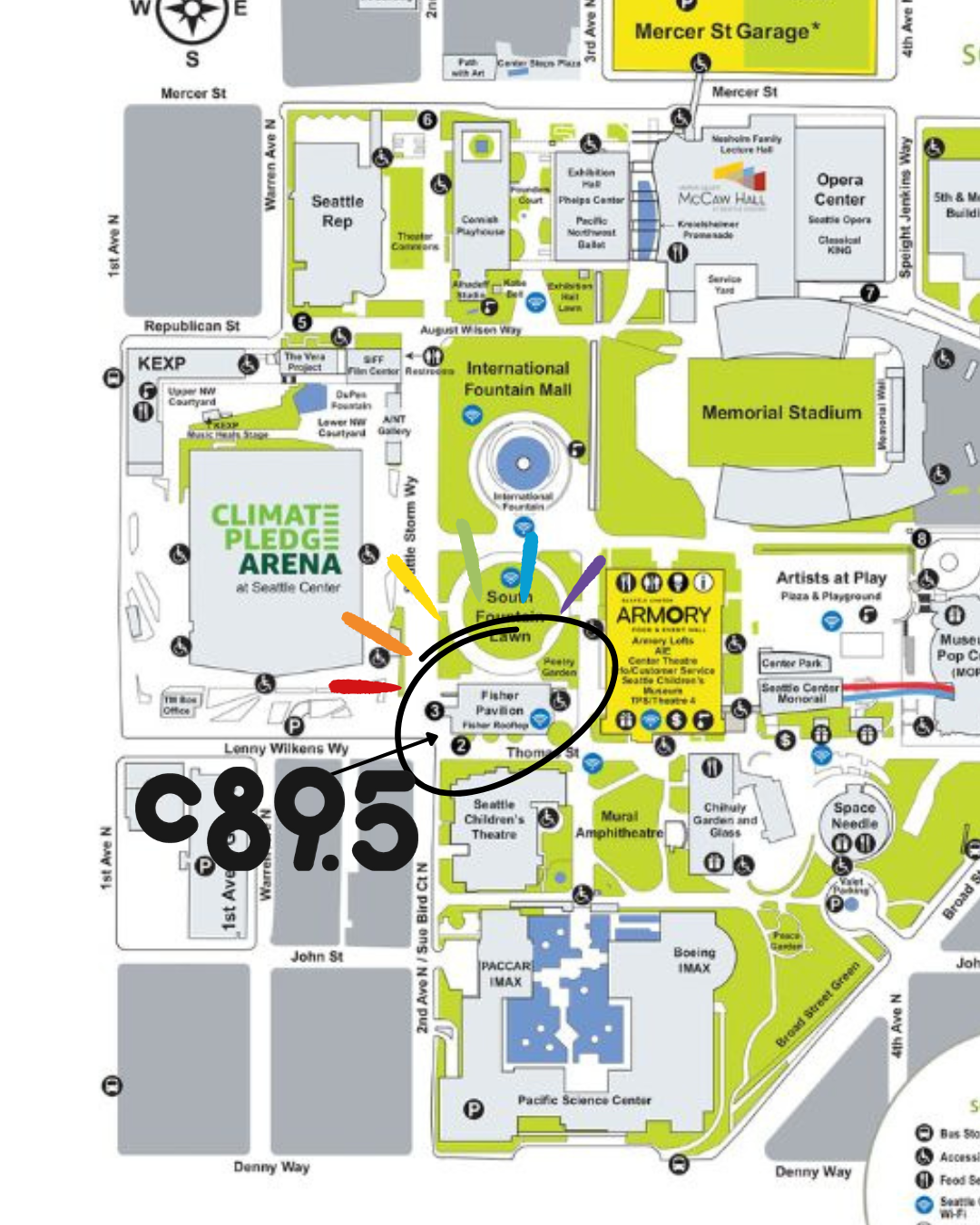 Map of Seattle Center highlighting key landmarks such as the Climate Pledge Arena, International Fountain Mall, and the Seattle Center Armory.