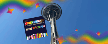 Promotional banner for PrideFest featuring the Seattle Space Needle under a clear blue sky, adorned with colorful rainbow graphics and stars.