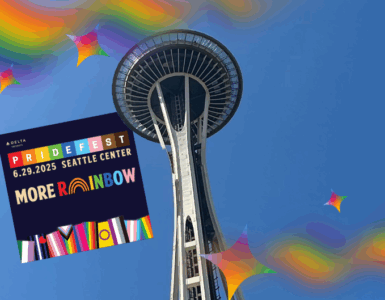 Promotional banner for PrideFest featuring the Seattle Space Needle under a clear blue sky, adorned with colorful rainbow graphics and stars.