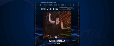 Promotional poster for 'The Vortex' featuring DJ Miss Min.D performing at an underground dance music event on June 4, 2025. The setting is vibrant with colorful lighting.