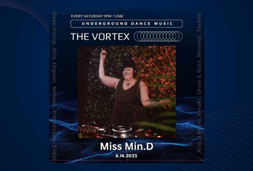 Promotional poster for 'The Vortex' featuring DJ Miss Min.D performing at an underground dance music event on June 4, 2025. The setting is vibrant with colorful lighting.