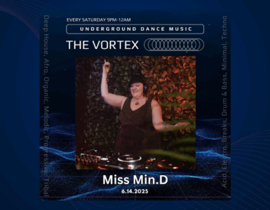 Promotional poster for 'The Vortex' featuring DJ Miss Min.D performing at an underground dance music event on June 4, 2025. The setting is vibrant with colorful lighting.
